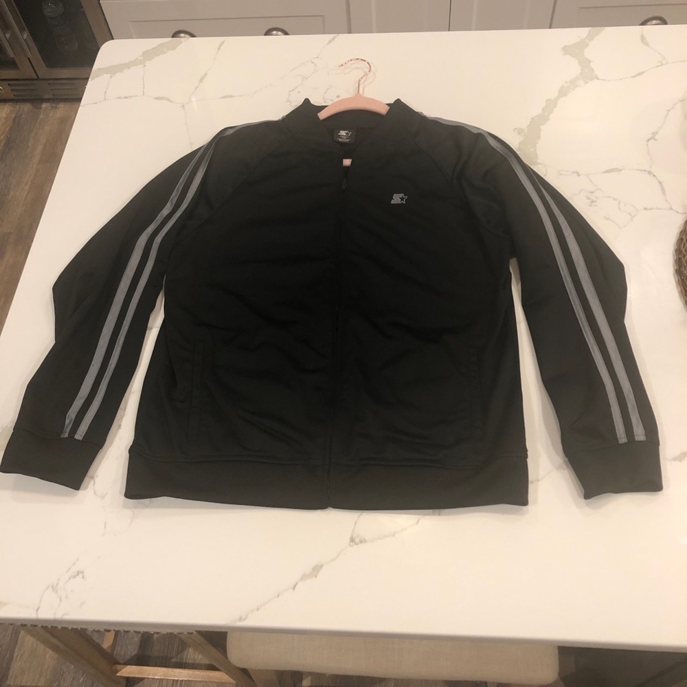 Starter Y2K 90s Fleece Zip Jacket Womens XXL 18 Black Silver Stripe Lightweight